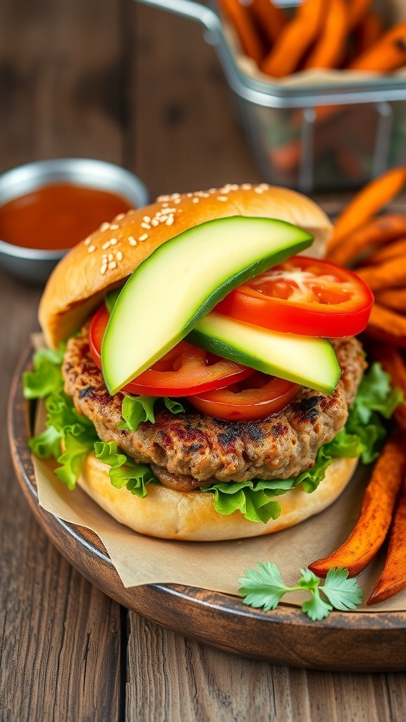 A juicy chipotle lime turkey burger on a bun with lettuce, tomato, and avocado, served with sweet potato fries.